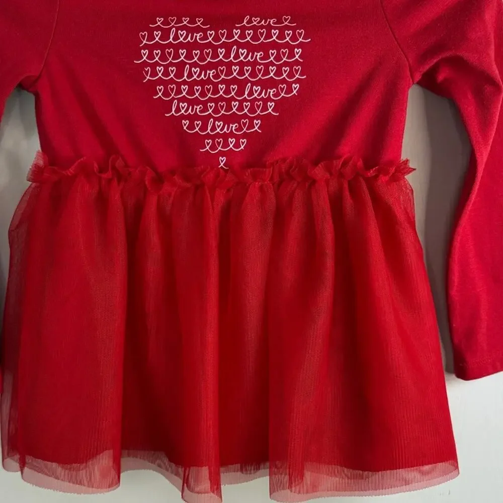 Cat & Jack Girls Red Long Sleeve Heart Graphic Tulle Dress size 5T